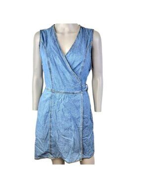 Vintage 90s Denim Mini Wrap Dress Women 4 Small Blue Jean Casual Sleeveless Fall